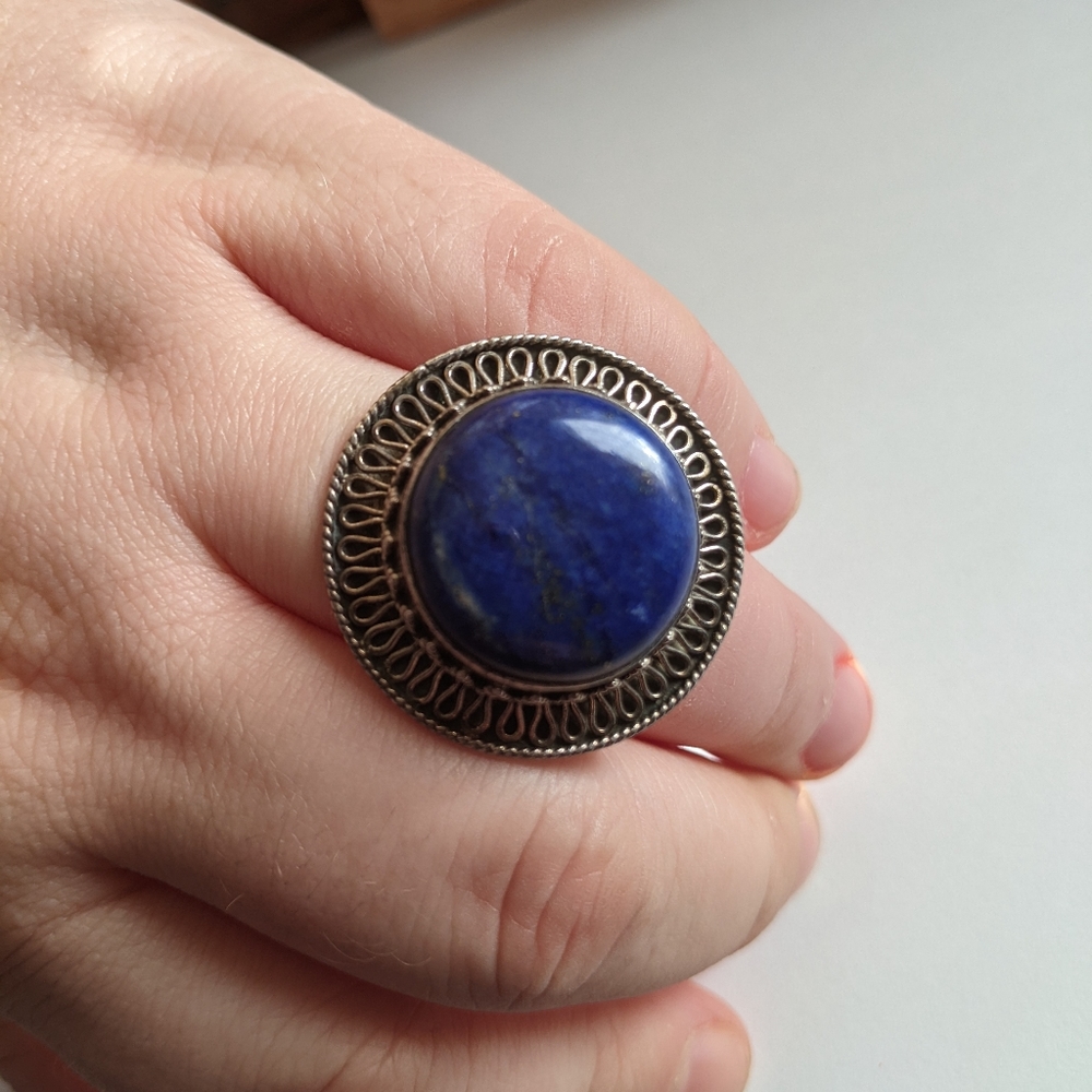 Chunky Sterling Silver Lapis Lazuli Antique Statement Ring size 8.5